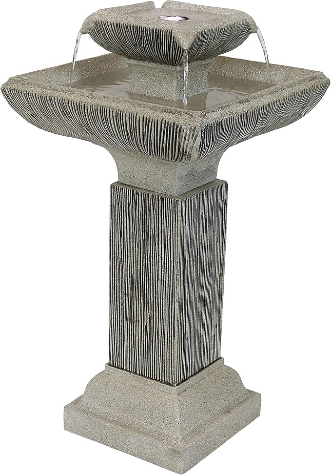 Sunnydaze 25-Inch Square 2-Tier Outdoor Bird Bath Water Fountain - LED Lights - Electric Submersible Pump with Adjustable Flow