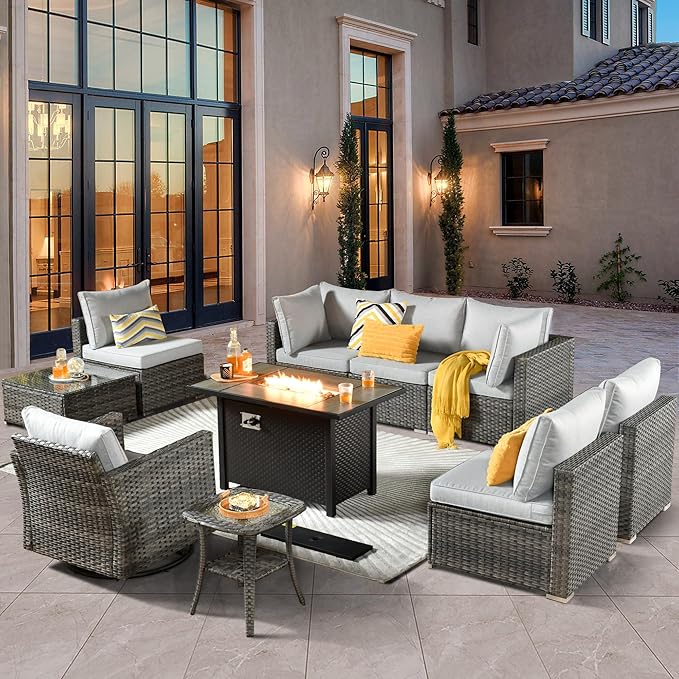 ovios 10 Piece Outdoor Patio Furniture Set with Fire Pit Table,Conversation Sectional Wicker Couch with Swivel Chairs,Modern Outside Sofa for Balcony Backyard, Grey