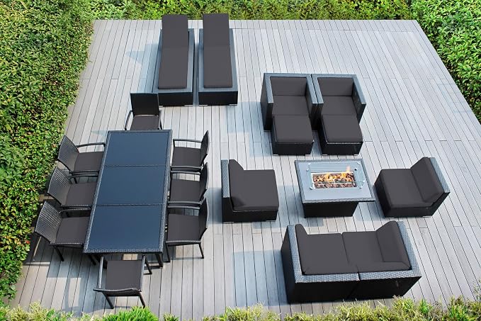 20 Piece Outdoor Patio Furniture Black Wicker Conversation Set with Fully Assembled Sectional and 42-inch Propane Gas Fire Table