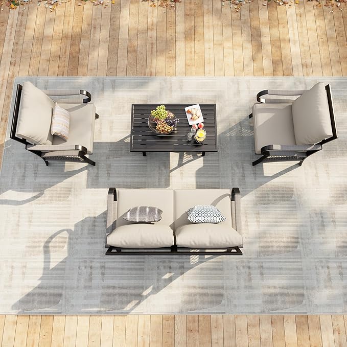 4 Pieces Patio Furniture Set, Metal Outdoor Conversation Sets with Coffee Table, Modern Couch Sofa Set Includes Single Chairs and Loveseat Seating Group (Thick Beige Cushions)