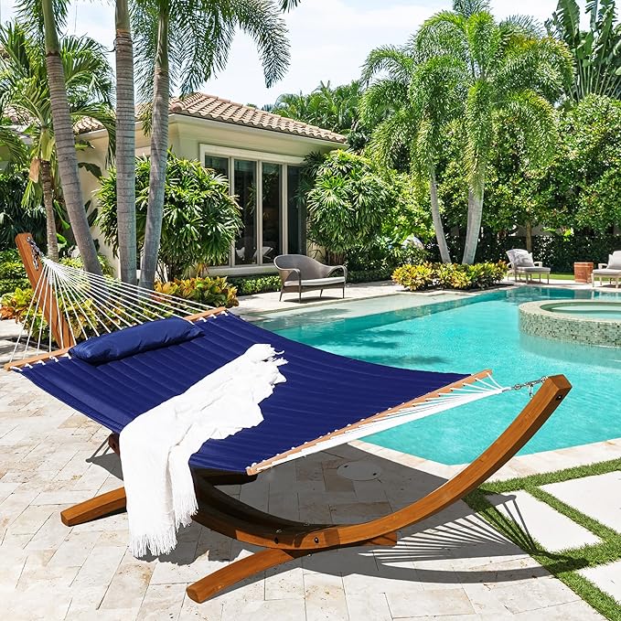 Lazy Daze Hammocks 12 FT Double Quilted Fabric Hammock and 13 FT Brown Wood Arc Stand, with Spreader Bar, Removable Pillow, 2 Person Hammock for Poolside Outdoor Patio, 450 lbs Capacity, Navy Blue