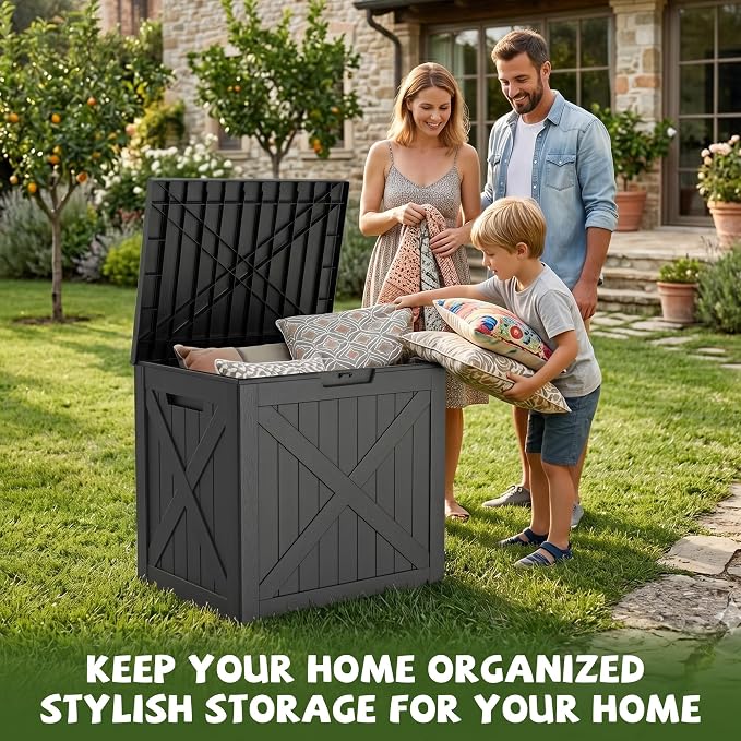 40 Gallon Waterproof Resin Deck Box, Outdoor Lockable Toy Storage Box Container for Patio Cushions Garden Tools, Delivery Box, Black