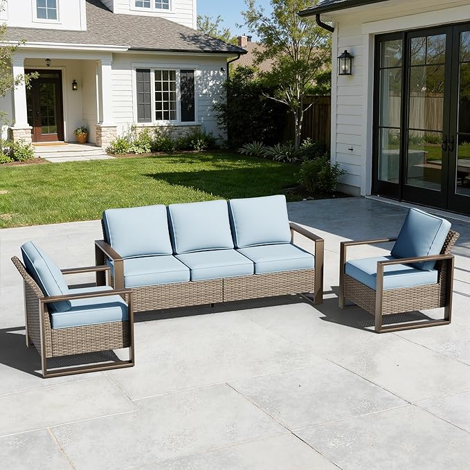 Wicker Patio 75" Sofa Set with Two Armchairs, All Weather Rattan Outdoor Conversation Furniture Set with Wood-Looking Metal Armrest & Removable Cushions for Deck Backyard Porch, Baby Blue