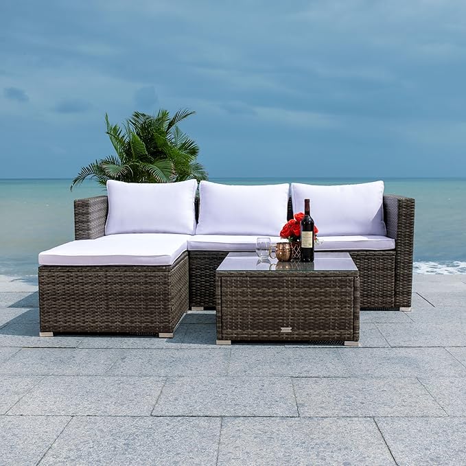 SAFAVIEH Outdoor Collection Madalina Grey Brown/White Wicker Conversation Patio Set