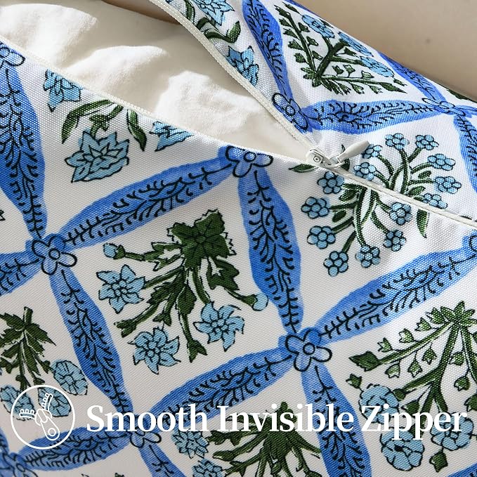 Allorry Floral Outdoor Pillow Covers 18x18 Blue Outdoor Waterproof Decor | Set of 2 Vintage Floral Block Print Pillow Cover,Farmhouse Boho Decorative for Spring Summer Outdoor Sofa Bedroom Decor