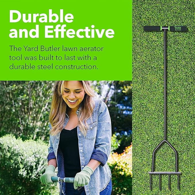 Yard Butler IM-7C Spike Grass Aerator - Lawn Care Tool for Aerating - Long-Handled - Power-Coated Steel Construction - Comfortable Cushioned Handles Garden Tool - Easy to Use