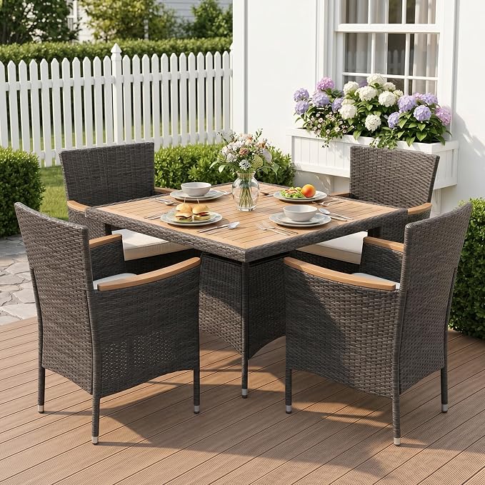 Wisteria Lane 5-Pieces Patio Dining Sets, Rattan Outdoor Table and Chairs with Acacia Wood Tabletop, Metal Patio Dining Furniture for 4 with Removable Cushions for Deck Garden Backyard, Grey