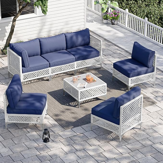 Vikiullf Patio Conversation Set, 7 Piece Outdoor Sectional Sofa Set with Coffee Table, White Wicker with Black Cushions (White and Blue, 7 piece)