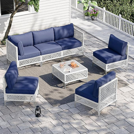 Vikiullf Patio Conversation Set, 7 Piece Outdoor Sectional Sofa Set with Coffee Table, White Wicker with Black Cushions (White and Blue, 7 piece)