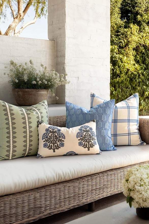 California Casual Coastal Indoor Outdoor Lumbar Pillow Cover, 12"x20" Water Repellent for Patio, Backyard, Couch, Poolside, Green Light Blue Block Print Hydrangea Flowers