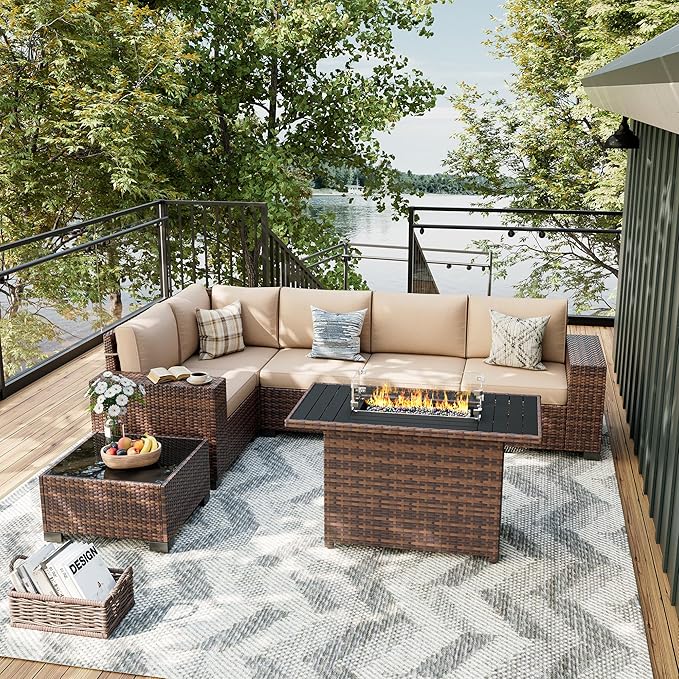 UDPATIO Patio Sectional Sofa with Fire Pit Table, 8 Inch Armrest 7-Piece Wicker Conversation with Waterproof Cover for Backyard Deck, Brown/Khaki