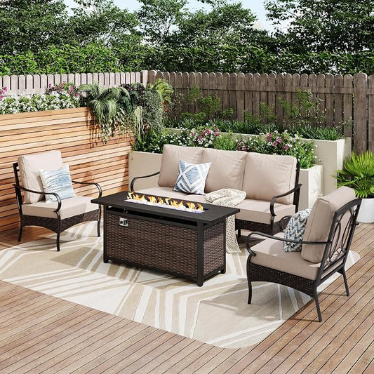 Patio Furniture Set with 56" Fire Pit Table, Premium Outdoor Wicker Metal Frame Furniture with Upgraded Waterproof Thick Cushions for Porch, Poolside, Deck, and Yard （4 Pieces,Beige）