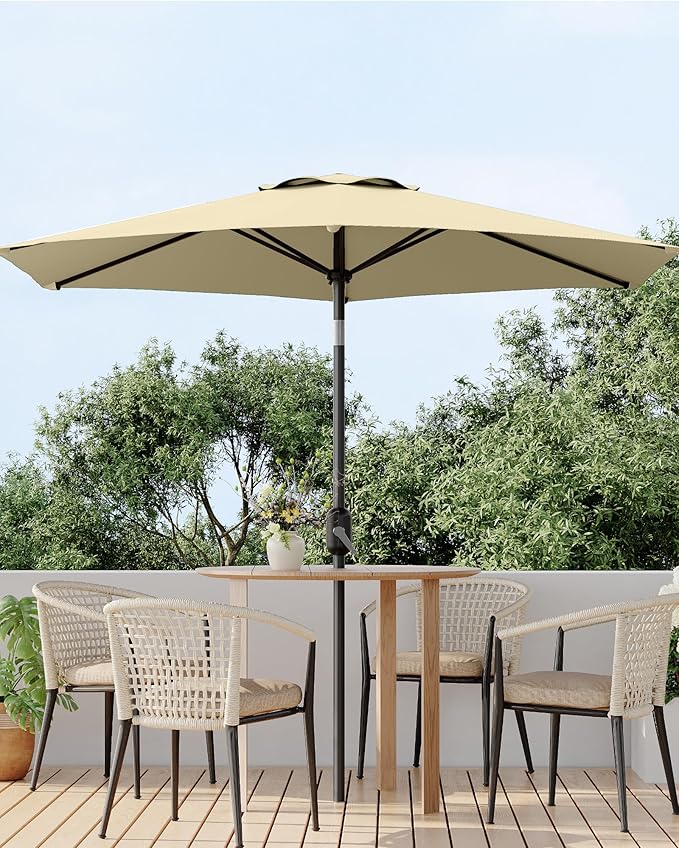 GarveeLife 7.5 ft Outdoor Patio Umbrella, Outdoor Table Umbrella, Market Umbrella With Push Button Tilt and Crank, 6 Sturdy Ribs UV Protection Waterproof for Garden, Deck, Backyard, Pool, Beige