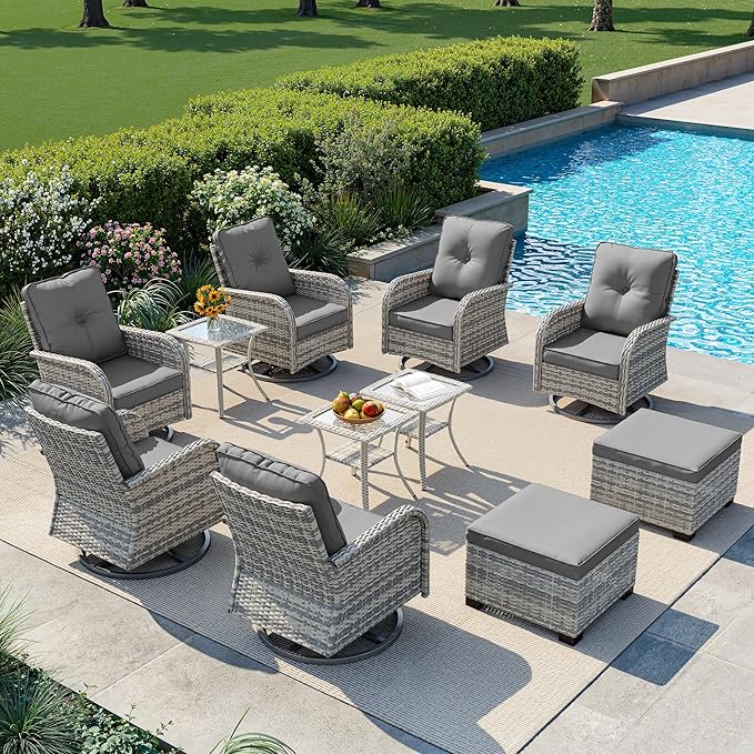 11-Piece Small Patio Furniture Set, Outdoor Swivel Rocking Chairs Set with Ottomans, Patio Bistro Set for Balcony, Deck, Porch, Grey