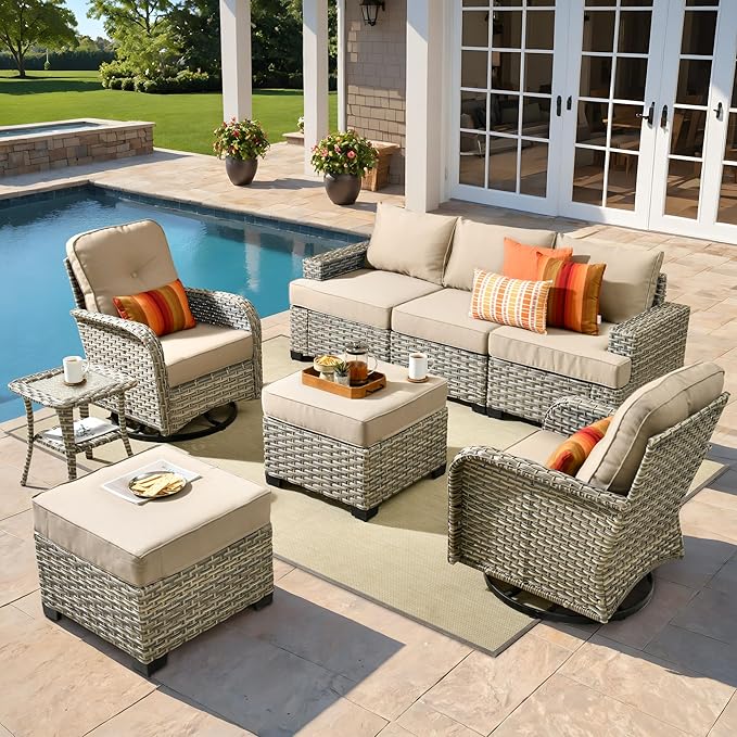 8 Pcs Outdoor Sectional Patio Furniture Set with Swivel Rocking Chair and Ottomans - All Weather Wicker Outside Sectional Couch,Patio Seating Outdoor Conversation Sets for Deck Yard Garden,Beige