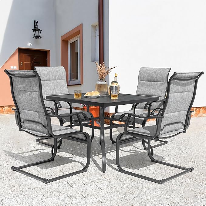NUU GARDEN 5 Piece Patio Dining Set, Outdoor Metal Dining Table and Chairs with Umbrella Hole, All Weather Padded Textilene Chairs, Square Patio Table Set for Backyard, Deck, Garden, Light Grey