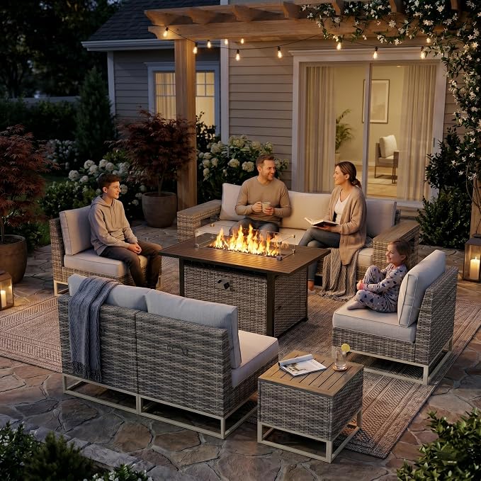 Outdoor Patio Furniture Set 9-Piece PE Rattan Wicker Outdoor Sectional Sofa with 5,000 BTU Fire Pit Table, Modern Modular L-Shaped Conversation Set with Thickened Cushions and Chunky Arms, White
