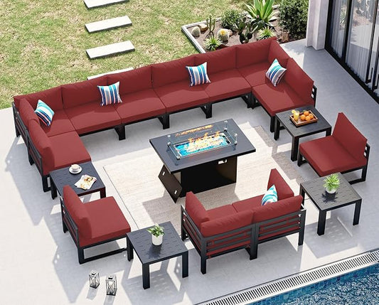 NICESOUL 17 Pcs Large Modern Aluminum Patio Furniture Set with Fire Pit Table Propane/Gas, L Shaped Modular Sectional Sofa with Side Table, All Weather Comfortable Outdoor Couch for Exterior, Burgundy