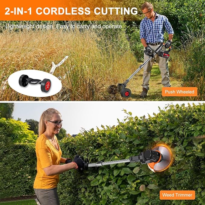 Cordless Weed Wacker with Wheels, 880W Battery Powered Weed Eater with 2 x 21V Batteries, 3-in-1 Electric Grass Trimmer & Brush Cutter with 5 Types Blades, Lightweight Weed Trimmer for Lawn & Garden
