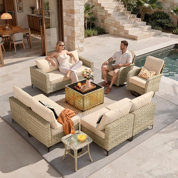 10 Pieces Patio Furniture Set, Outdoor Conversation Set with 360°Swivel Rocker Chairs, Wicker Sectional Sofa & Solar Coffee Table, High Back Outdoor Furniture L Shaped Couch for Porch Deck,Light Gray
