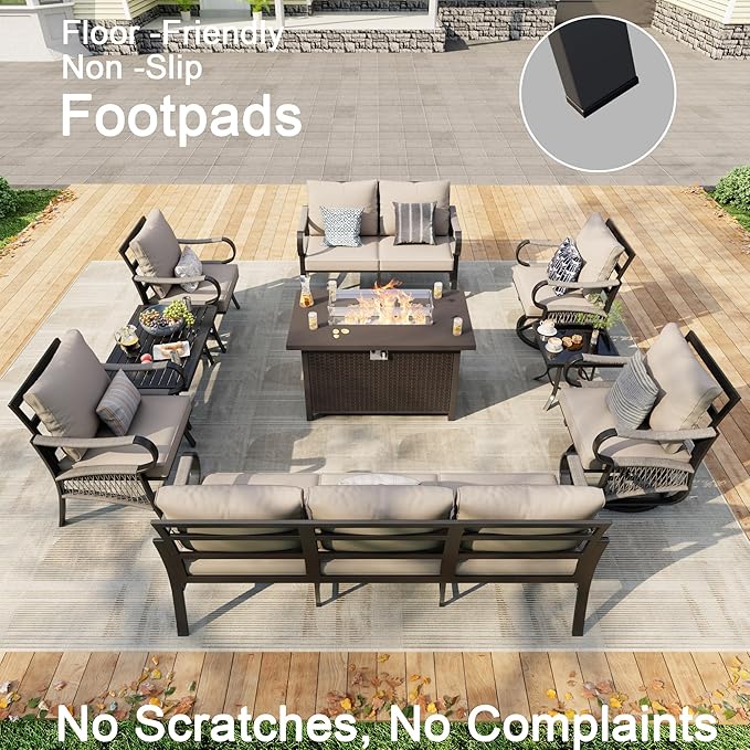 9 Pieces Patio Furniture Set, Metal Outdoor Conversation Sets with Fire Pit Table and Swivel Chairs for Backyard Garden Deck Porch Poolside (Thick Beige Cushions)