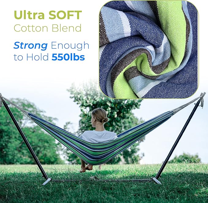Backyard Expressions - 914920 - Ocean Floor Pattern - Portable Double 2 Person Outdoor Hammock with Stand - Green and Blue - 9 x 3 Foot Hammock