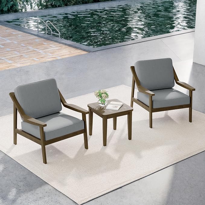 Outdoor Patio Furniture Set, 3 Piece Patio Conversation Sets with Washable Thick Cushions, All-Weather Solid Wood Patio Bistro Set for Porch, Balcony, Natural Frame & Gray Cushion