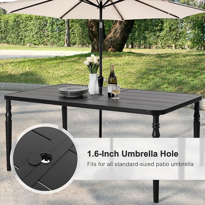 NUU GARDEN 7-Piece Outdoor Metal Furniture Set, Outdoor Dining Set of 6, Patio Dining Table with Umbrella Hole and Powder Coating, 6 Stackable Chairs for Backyard, Deck, Garden and Yard, Black