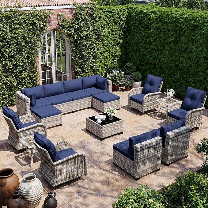 15-Piece Outdoor Patio Furniture Set with Rocking Swivel Chair, Wicker Rattan Sectional Sofa Conversation Set with Tempered Glass Table with Ottomans, Backyard Furniture, Navy Blue