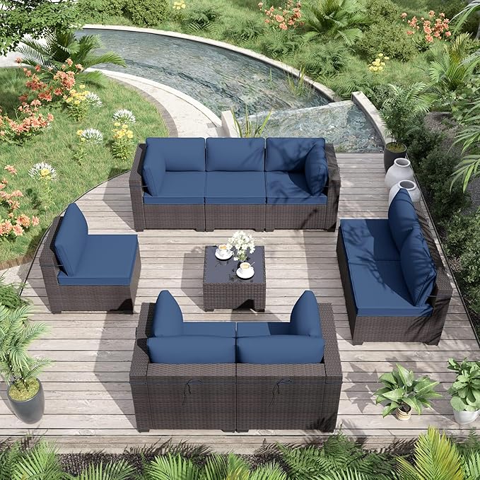 ALAULM 9 Pieces Patio Furniture Set Wicker Patio Conversation Set with 4 Corner Sofas, Outdoor Sectional Furniture w/Coffee Table & Washable Seat Cushions-Dark Blue