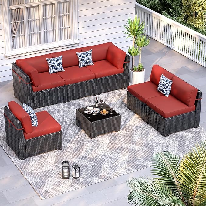 Patio Furniture Sets, 7-Piece Outdoor Patio Furniture with Thick Cushions,Coffee Table Outdoor All-Weather Conversation Set Sectional Sofa for Backyard, Poolside, Garden(Wine Red)