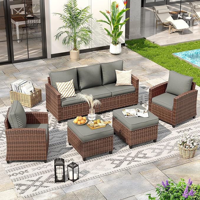 Patio Furniture Set, 5 Pieces Outdoor Sectional Sofa Couch with Chairs, Ottomans and Thick Cushions, All Weather Wicker Rattan Patio Conversation Set Dark Grey