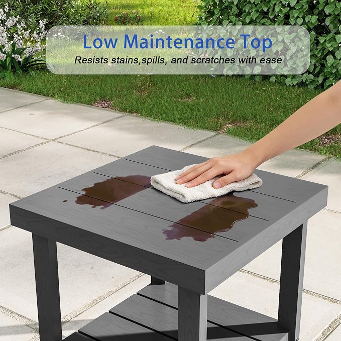 2-Tier HDPE Outdoor Square Side Table, Heavy-Duty Patio Side Table with Storage Shelf, Weather-Resistant Adirondack End Tables for Backyard, Pool, Porch, Garden, Lawn, Grey