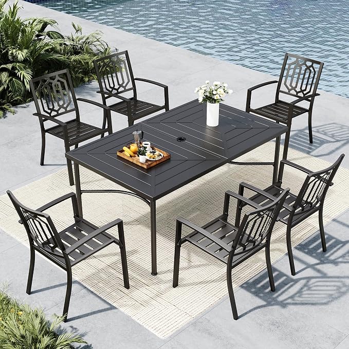 MFSTUDIO Outdoor Dining Set for 6, Metal Patio Table and Chairs Set with Umbrella Hole, 7 Piece Outdoor Patio Furniture Set for Deck Backyard Poolside Garden