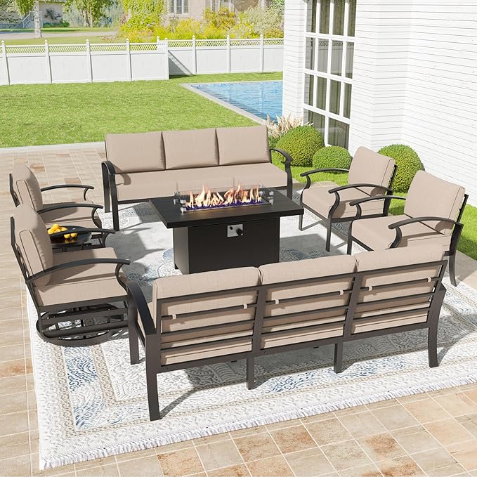 Kullavik Aluminum Patio Furniture Set,8 Pieces 10 Seat Metal Outdoor Furniture Conversation Set w/45 Propane Gas Fire Pit,Swivel Rocking Chairs Set,Sand