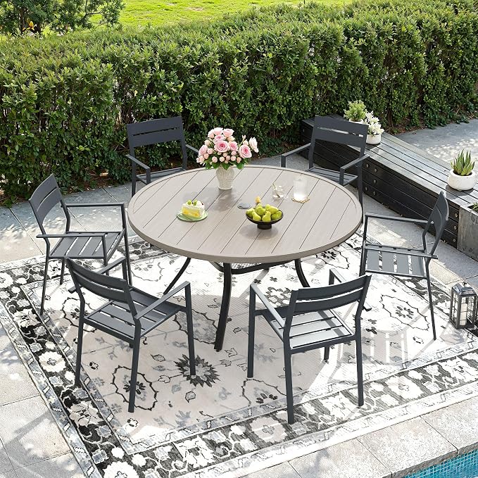 DIFY 7 Piece Outdoor Patio Dining Set for 6, Patio Table and Chairs Set with Umbrella Hole, 47.2" Round Dining Table and Stackable Metal Chairs for Backyard Garden Poolside, Grey Wood-Like & Grey