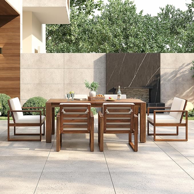 Merax Patio Table and Chairs Set, Outdoor Dining Set for 6 with Umbrella Hole, 7 Piece Outdoor Patio Furniture Set Wood Frame with Removable Cushion for Garden, Backyard, Lawn, and Poolside