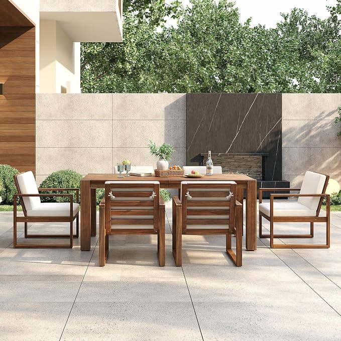 Rustic 7 Piece Patio Table and Chairs Set, Outdoor Dining Set for 6 with Umbrella Hole and Removable Cushion,for Garden Backyard Lawn Poolside (Mocha#X)