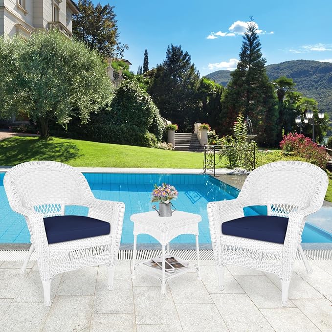 Jeco Carell Furniture 3 Piece Wicker Conversation Set in White with Blue Cushions