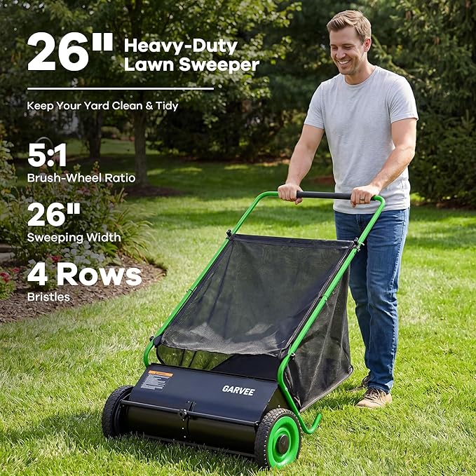 Garvee Push Lawn Sweeper, 26 in Leaf & Grass Collector with 7 Cu. ft. Hopper Bag, 4 Spinning PP Brushes, Durable Steel Construction, Adjustable Height & Rubber Tires for Leaves Grass Cleanup