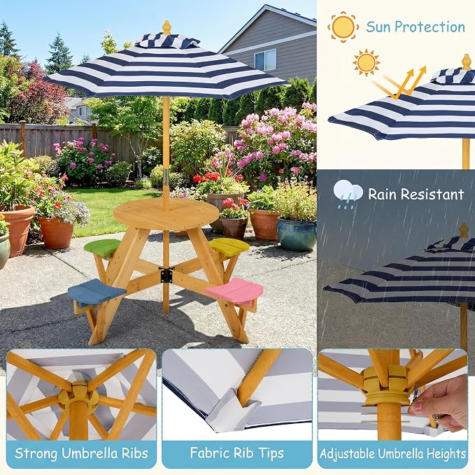 HONEY JOY Kids Picnic Table, 4-Person Fir Wood Toddler Round Outdoor Table & Chair Set, Adjustable Umbrella, Wooden Children Outdoor Furniture for Patio Backyard Lawn Garden, Natural