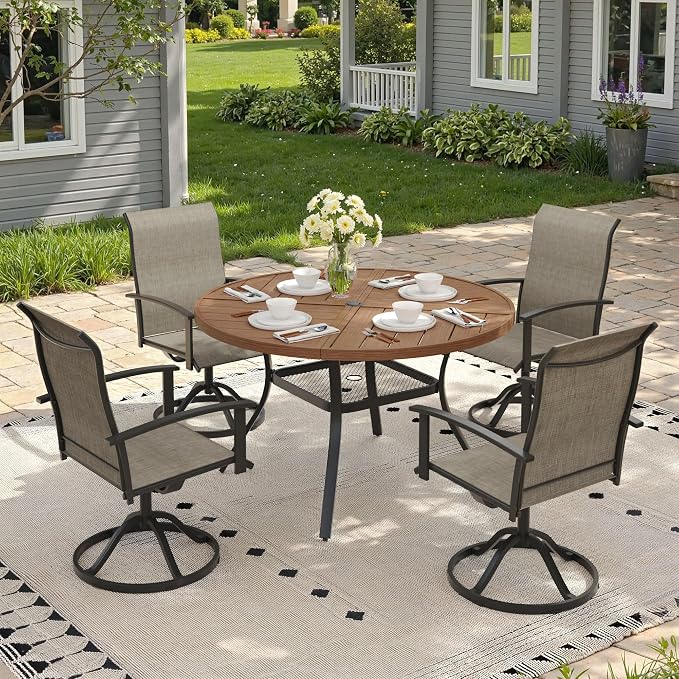 5 Pieces Round Outdoor Table and Chairs Set, Patio Dining Set with 40.6" Round Spliced Outdoor Table and Patio Swivel Chairs for Backyard Lawn Garden, Walnut Table and Mixed Brown Chairs