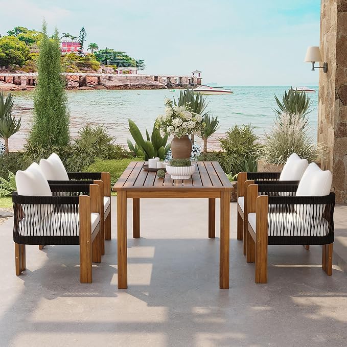 VilroCaz Luxury 5-Piece Patio Dining Set for 4, Acacia Wood Dinning Set with 4 Rope Woven Chairs and Cushions, All-Weather Outdoor Conversation Set for Garden Backyard Balcony (Black+Brown)