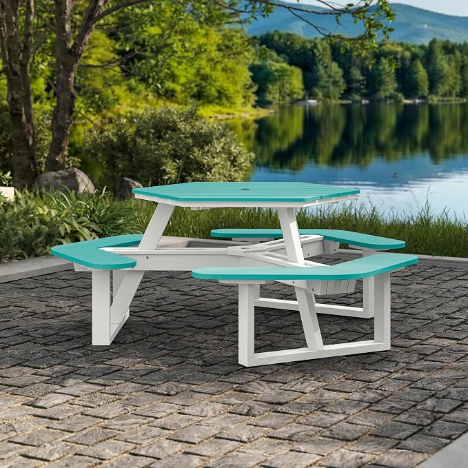 Shoreline Made in USA Hexagon Picnic Table, Seating for 6, White with Seaglass Blue