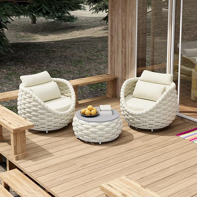 Front Porch Furniture Set 3 Piece: Aluminum Woven Rope Patio Conversation Sofa Set for 2 - Assembled Outdoor Deck Couch Armchair Set Cushions - for 400lb Balcony Pool Yard Bistro Hotel Lanai - Beige