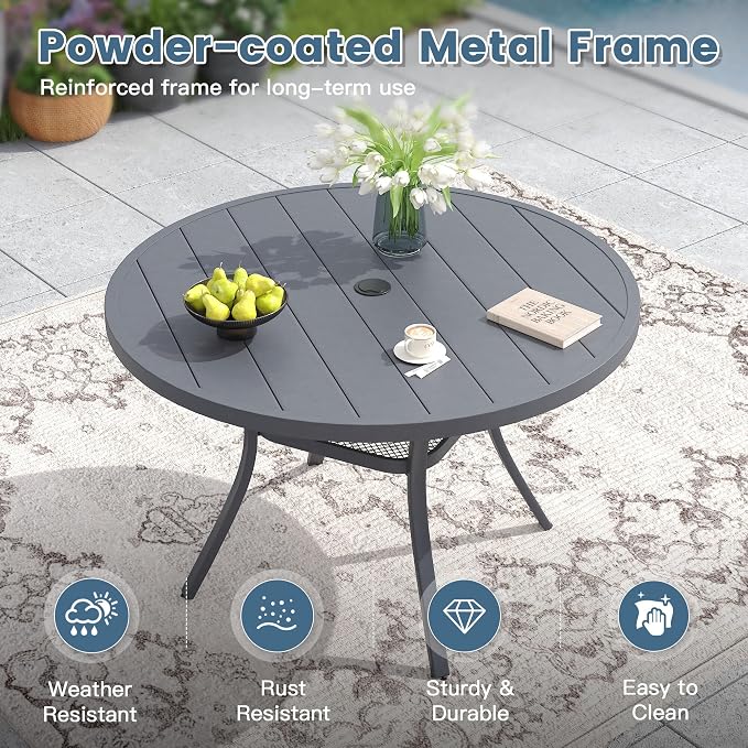 DIFY 7 Piece Outdoor Patio Dining Set for 6, Patio Table and Chairs Set with Umbrella Hole, 47.2" Round Dining Table and Stackable Metal Chairs for Backyard Garden Poolside, Grey