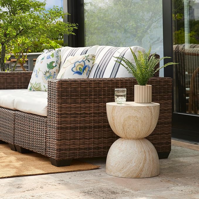 Glitzhome Outdoor Side Table, Round Small End Table with Terrazzo Finish MGO Hourglass Garden Stool, Set of 2 Lightweight Decorative Accent Table for Living Room Planter Stand Patio Backyard Porch