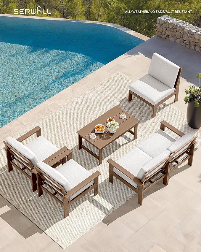 SERWALL HDPE Patio Conversation Set, 6-piece Sectional Outdoor Furniture Set, All Weather Outdoor Couch Set Patio Furniture Set for Deck, Lawn, Grey Frame with Khaki Cushion