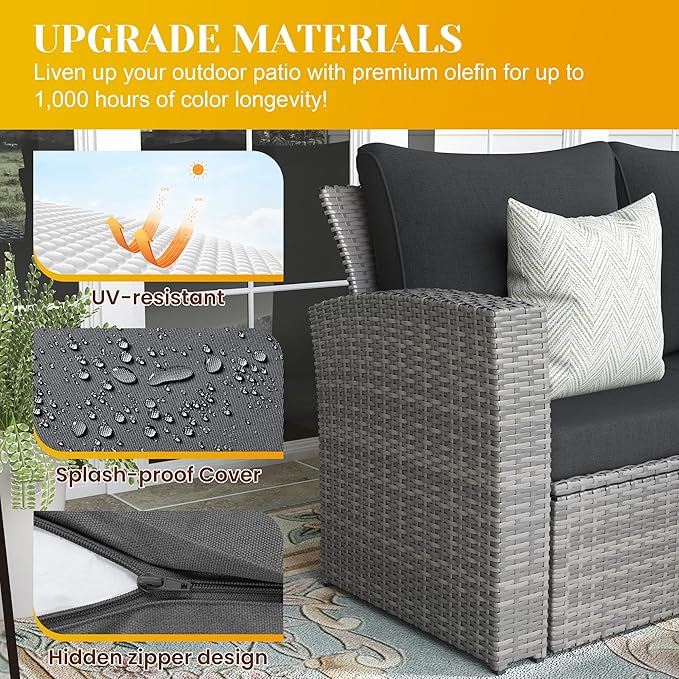 4-Piece Outdoor Patio Furniture Set, All Weather Wicker Rattan Sectional Sofa Conversation Seating Set with Cushions & Large Glass Coffee Table, Ideal for Garden Backyard Porch, Dark Grey