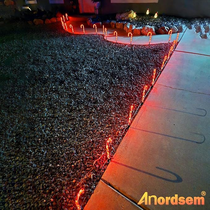 Anordsem Solar Christmas Decorations Outdoor: 24 Pack Candy Cane Pathway Stake Lights - 15" Waterproof LED 8 Lighting Models Yard Garden DIY Decor - 2026 Xmas Gifts for Homeowners
